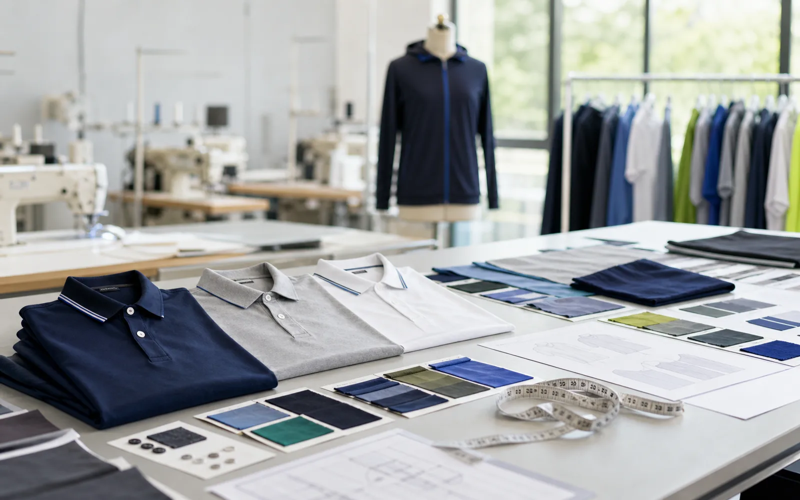 Apparel sample table with polo shirts, fabric swatches and manufacturing documents